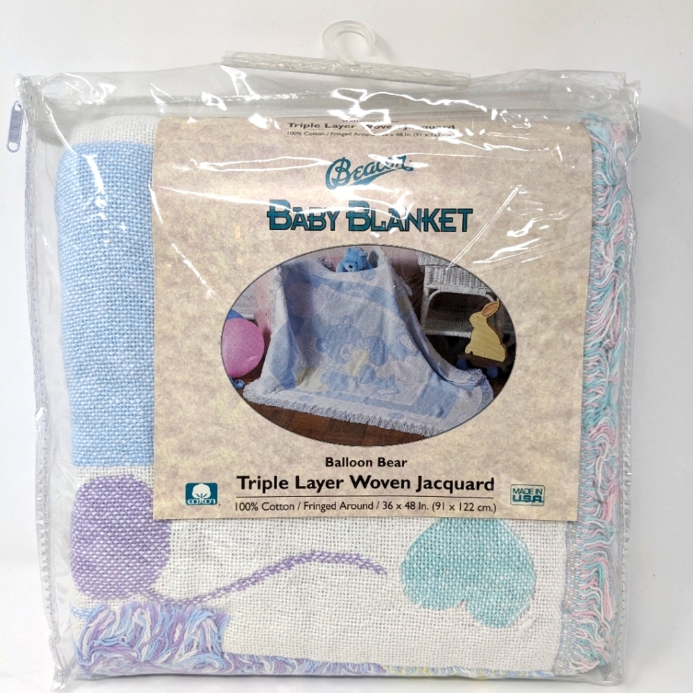 Rare VTG Balloon Bear Triple Layer Woven Jacquard Baby Blanket USA Beacon Fringe